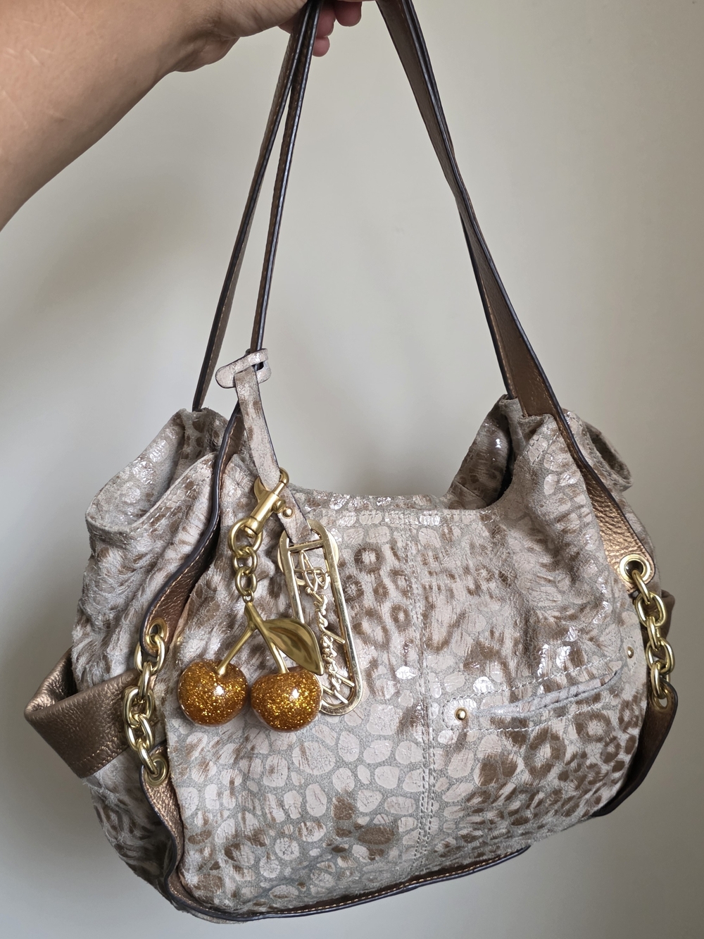 b. makowsky Beige and Brown Leopard-Print Hobo Bag with Gold Accents